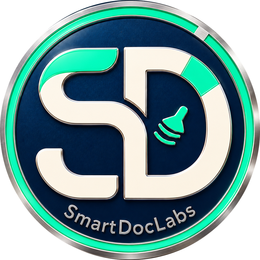 Smart DOC Labs emblemasi: SD harflari va ultratovush datchigi belgisi